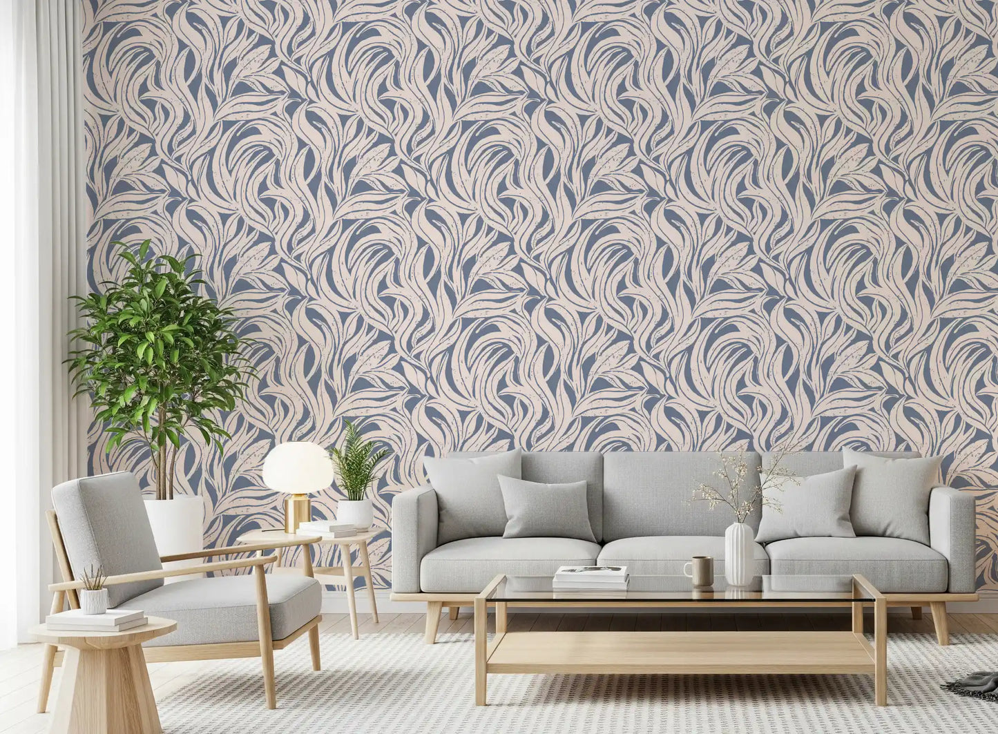 Cream and Blue Flowing Leaf Pattern Wallpaper⁠