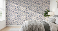 Cream and Blue Flowing Leaf Pattern Wallpaper⁠