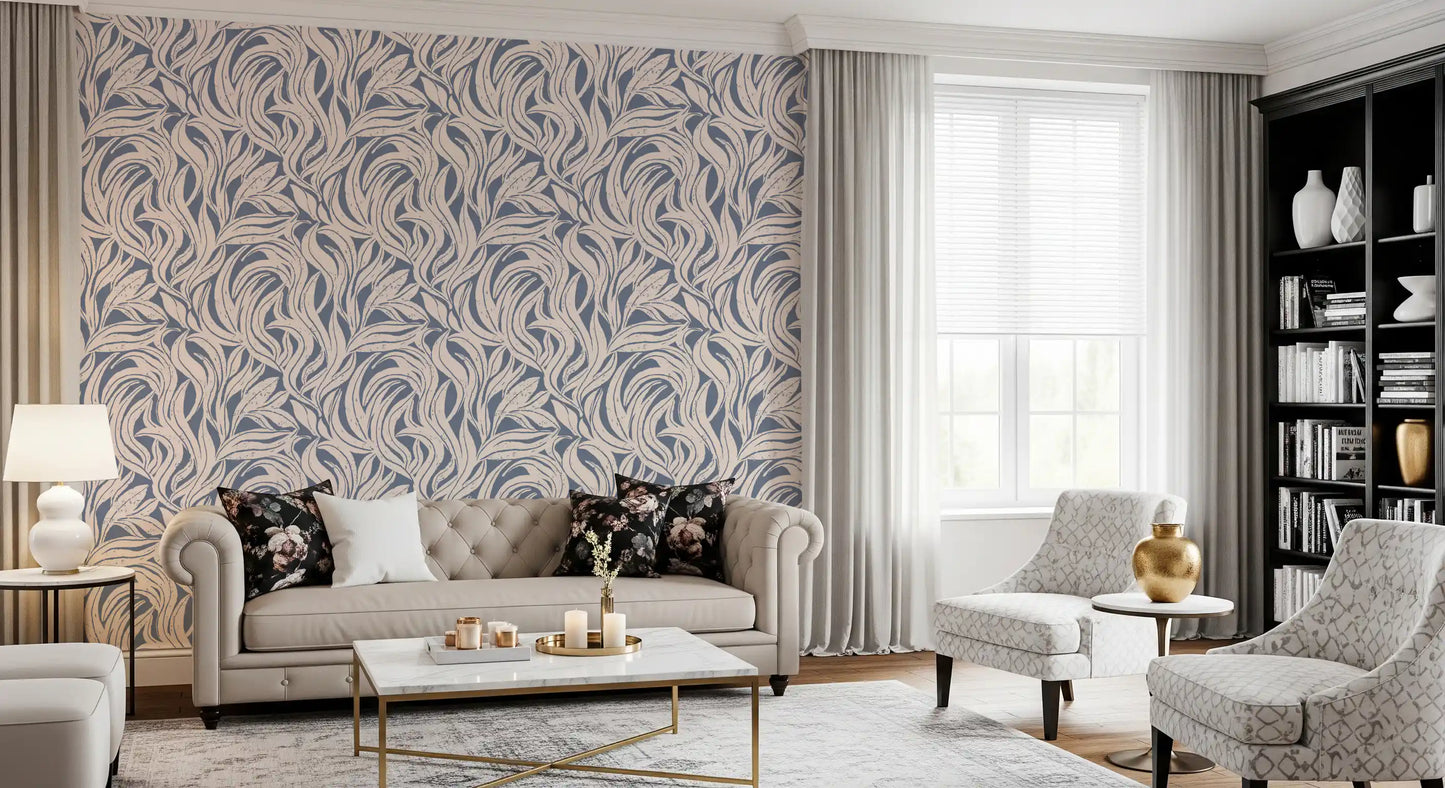 Cream and Blue Flowing Leaf Pattern Wallpaper⁠