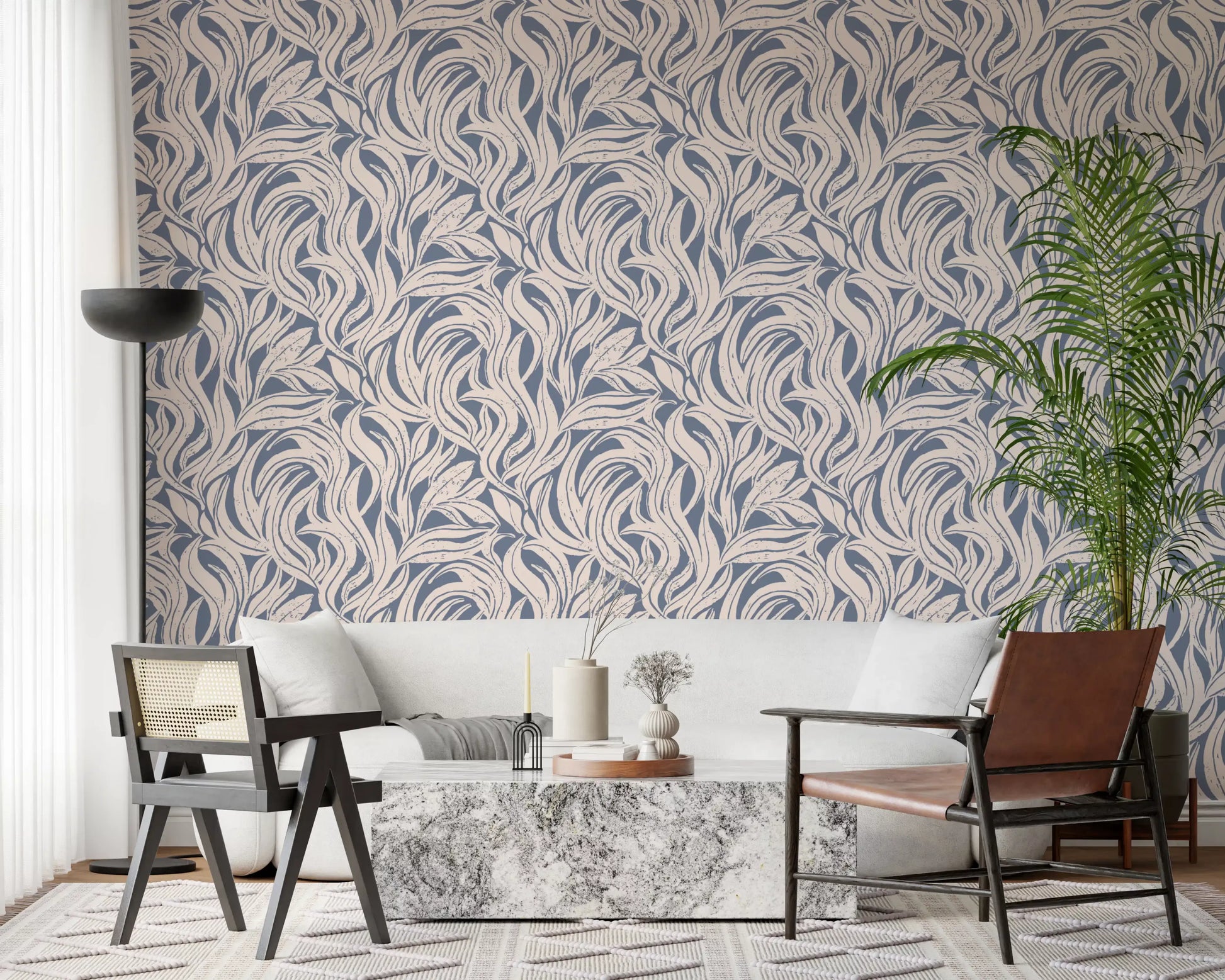 Cream and Blue Flowing Leaf Pattern Wallpaper⁠