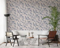 Cream and Blue Flowing Leaf Pattern Wallpaper⁠