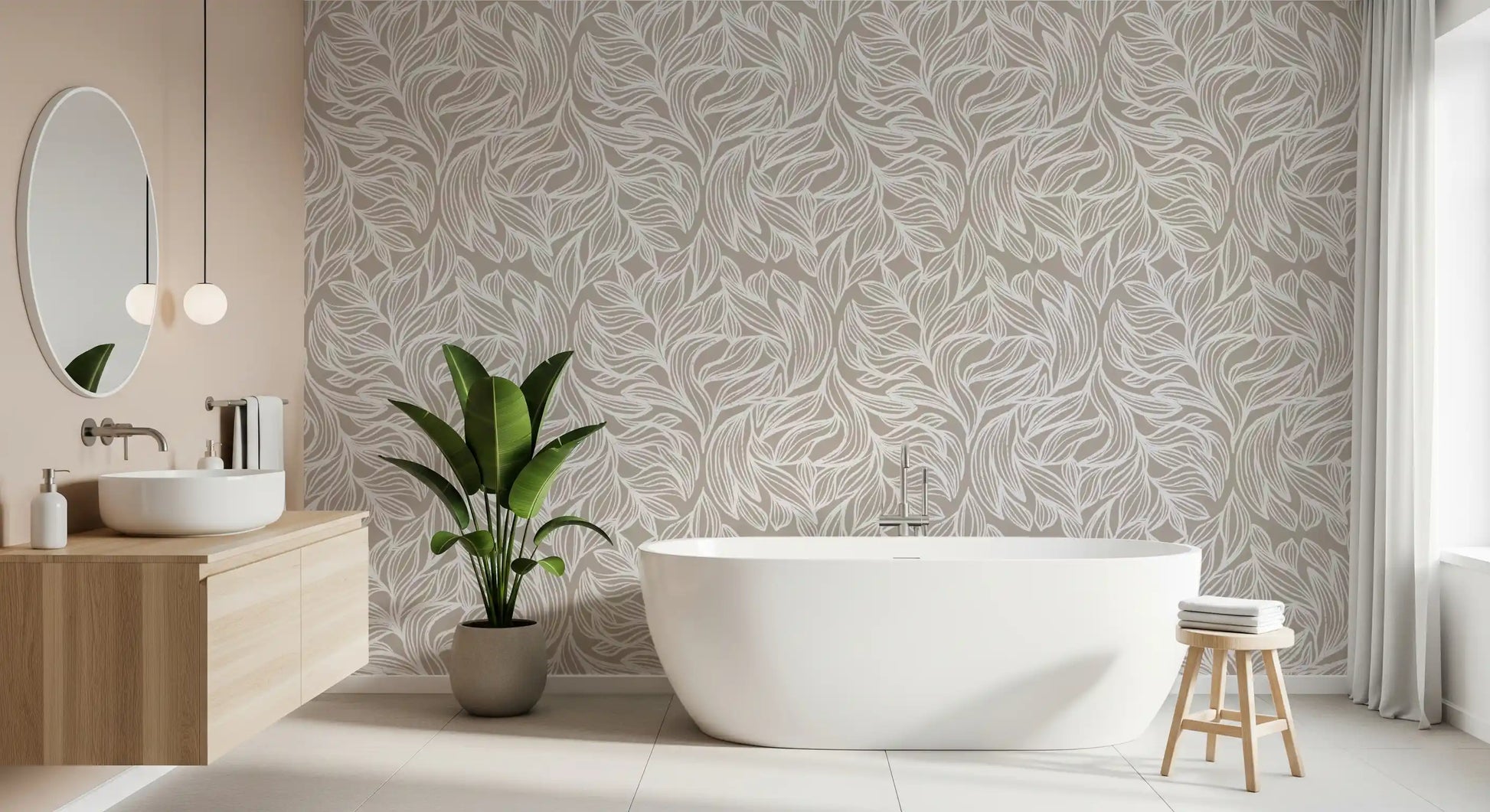 Serene Linear Foliage in Taupe Wallpaper⁠