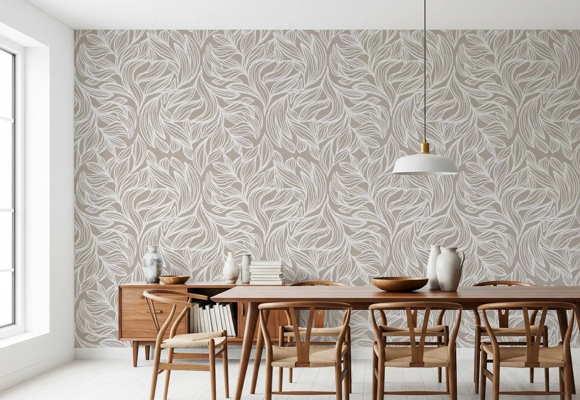 Serene Linear Foliage in Taupe Wallpaper⁠