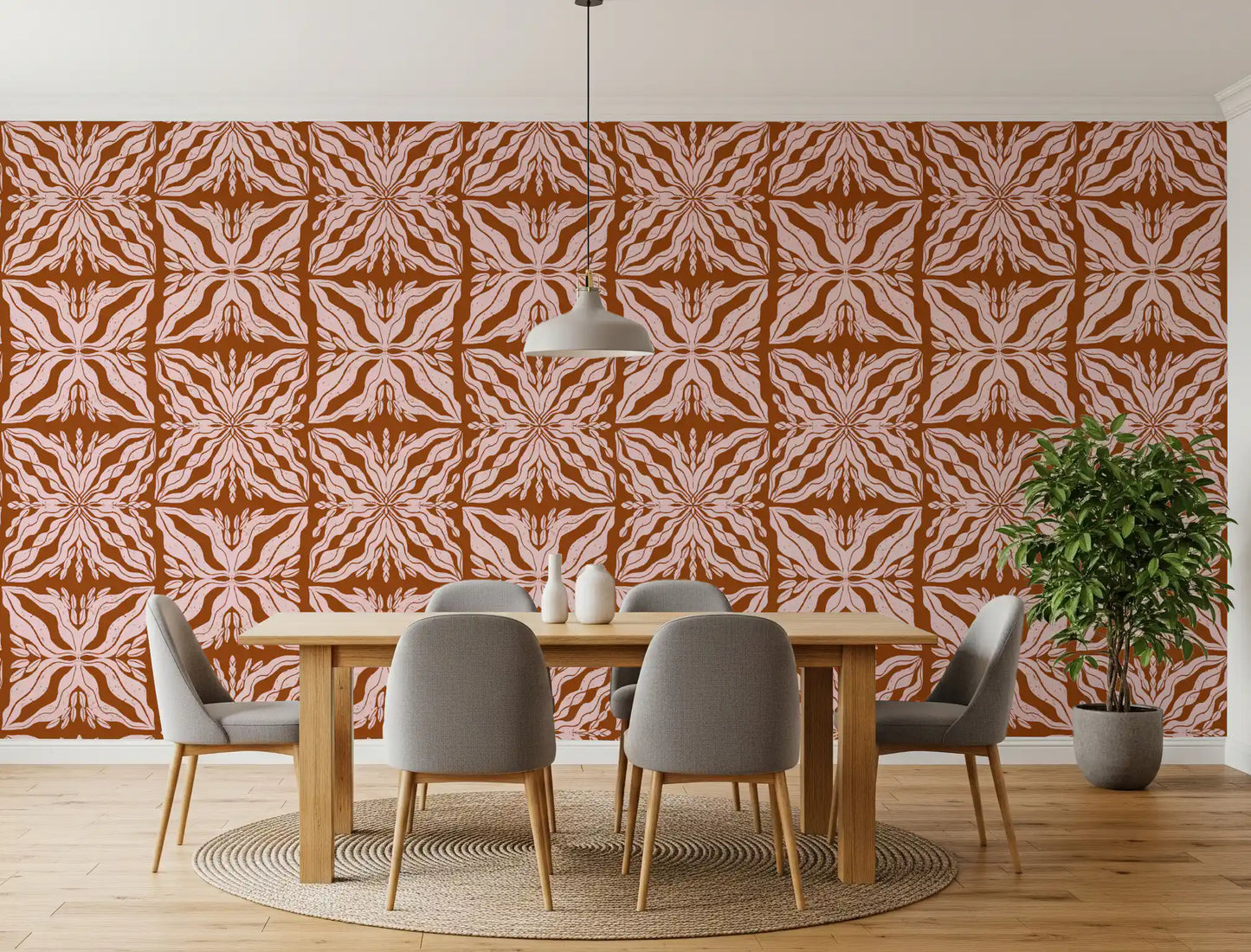 Rustic Terracotta Floral Geometric Wallpaper⁠