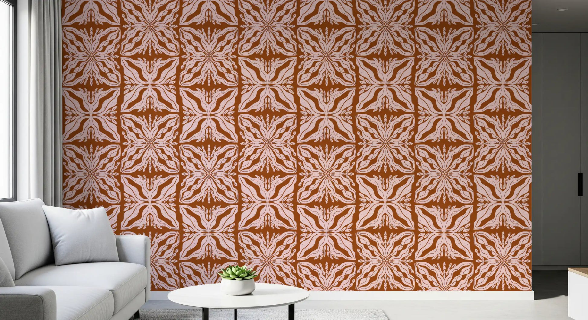 Rustic Terracotta Floral Geometric Wallpaper⁠