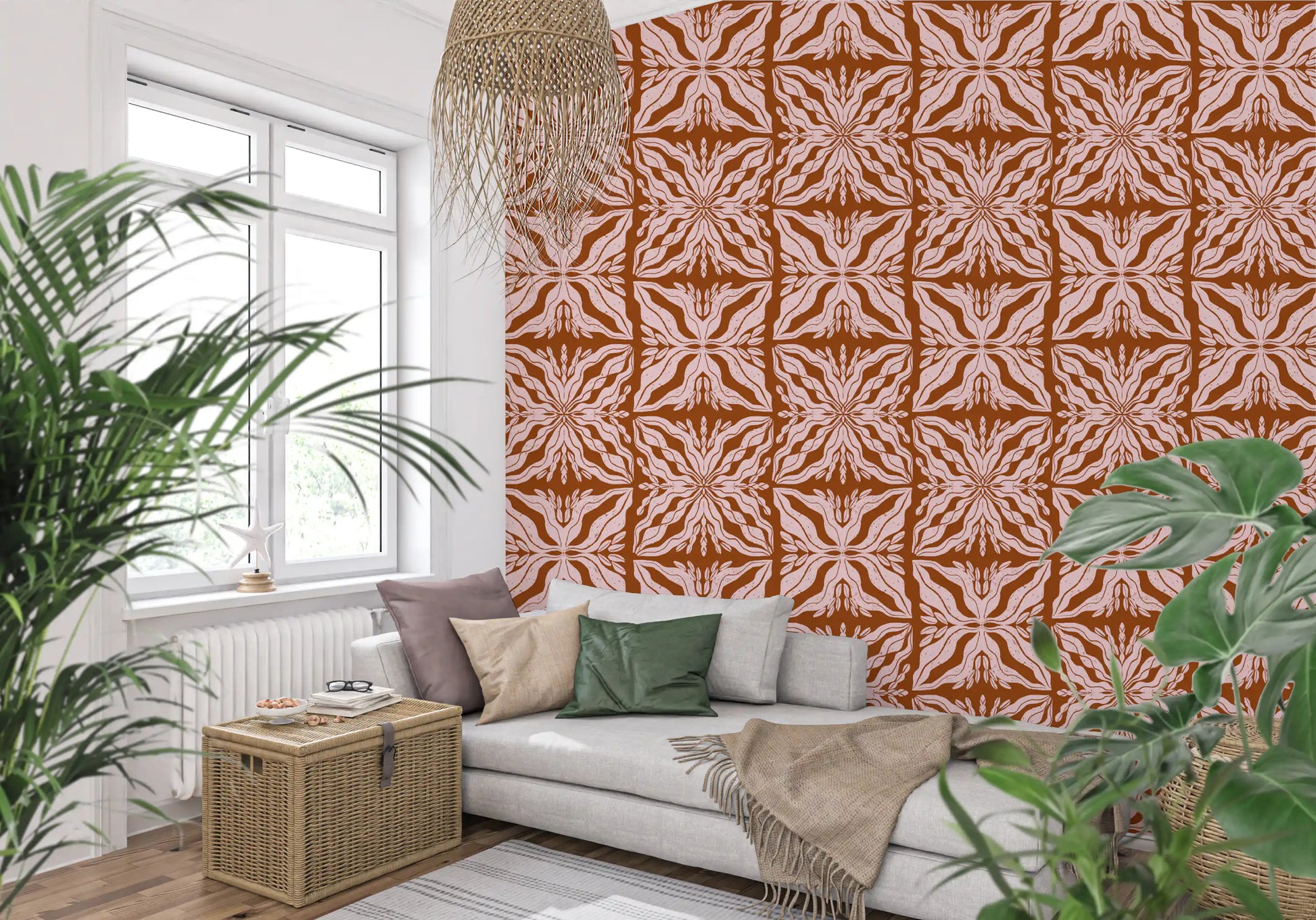 Rustic Terracotta Floral Geometric Wallpaper⁠