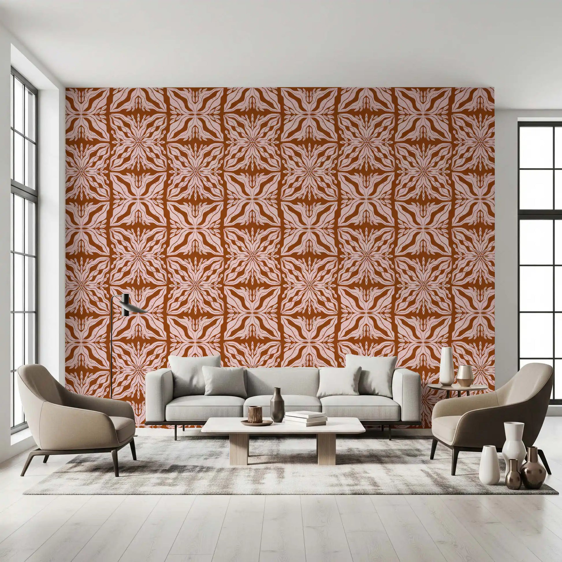 Rustic Terracotta Floral Geometric Wallpaper⁠