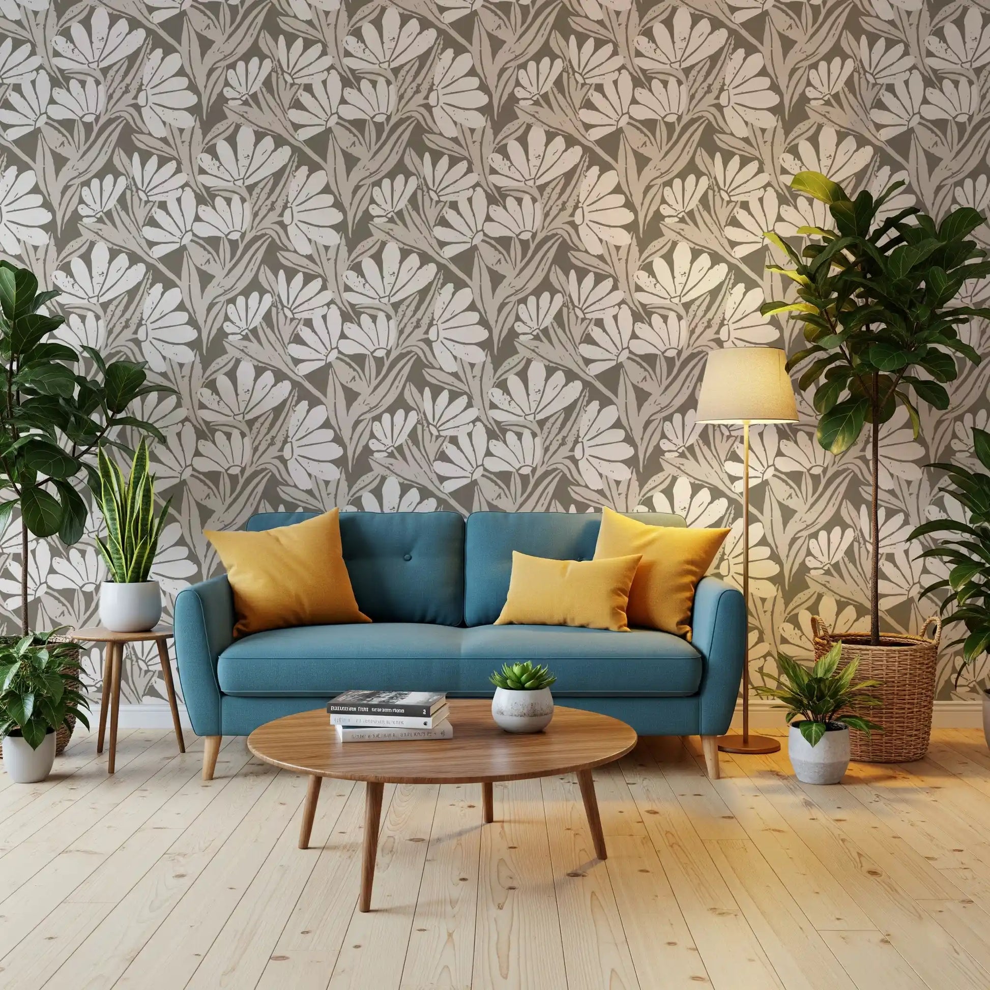 Rustic Cream and Taupe Flower Block Print Wallpaper⁠