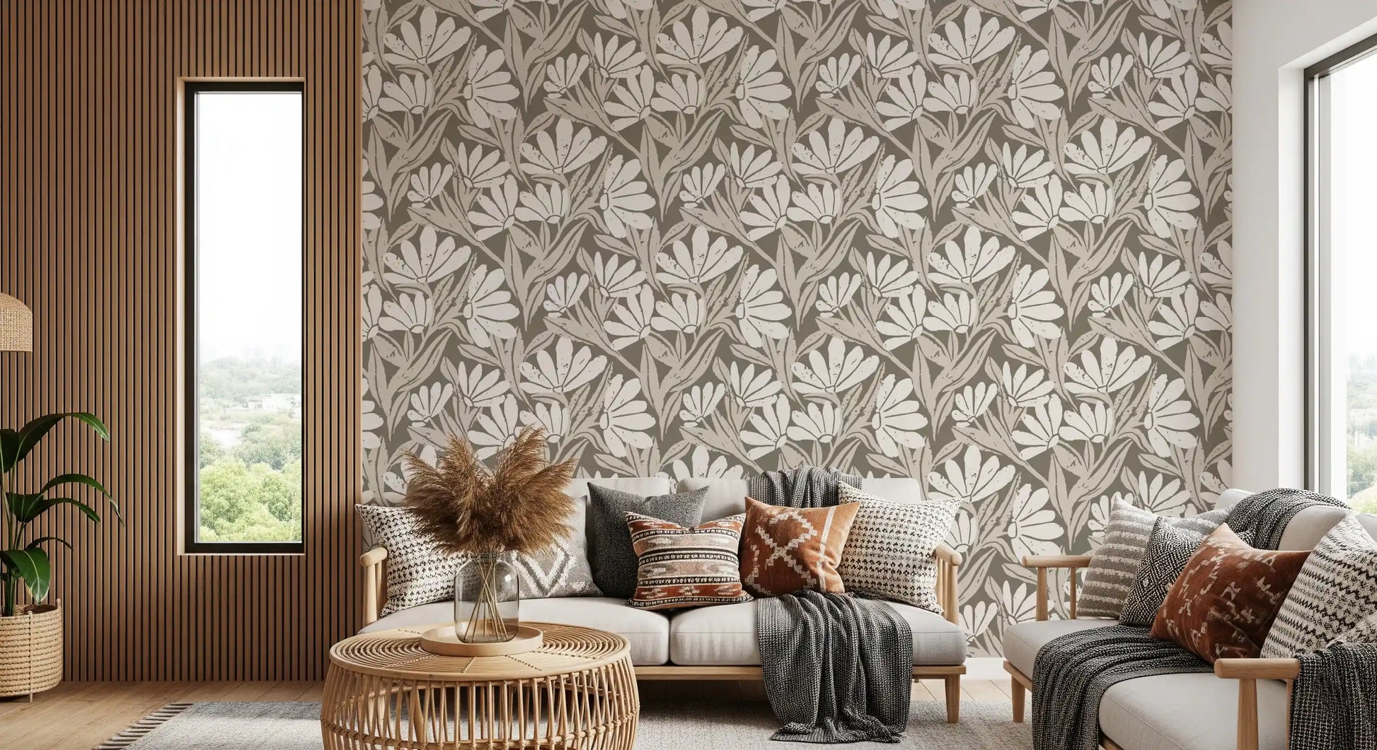 Rustic Cream and Taupe Flower Block Print Wallpaper⁠