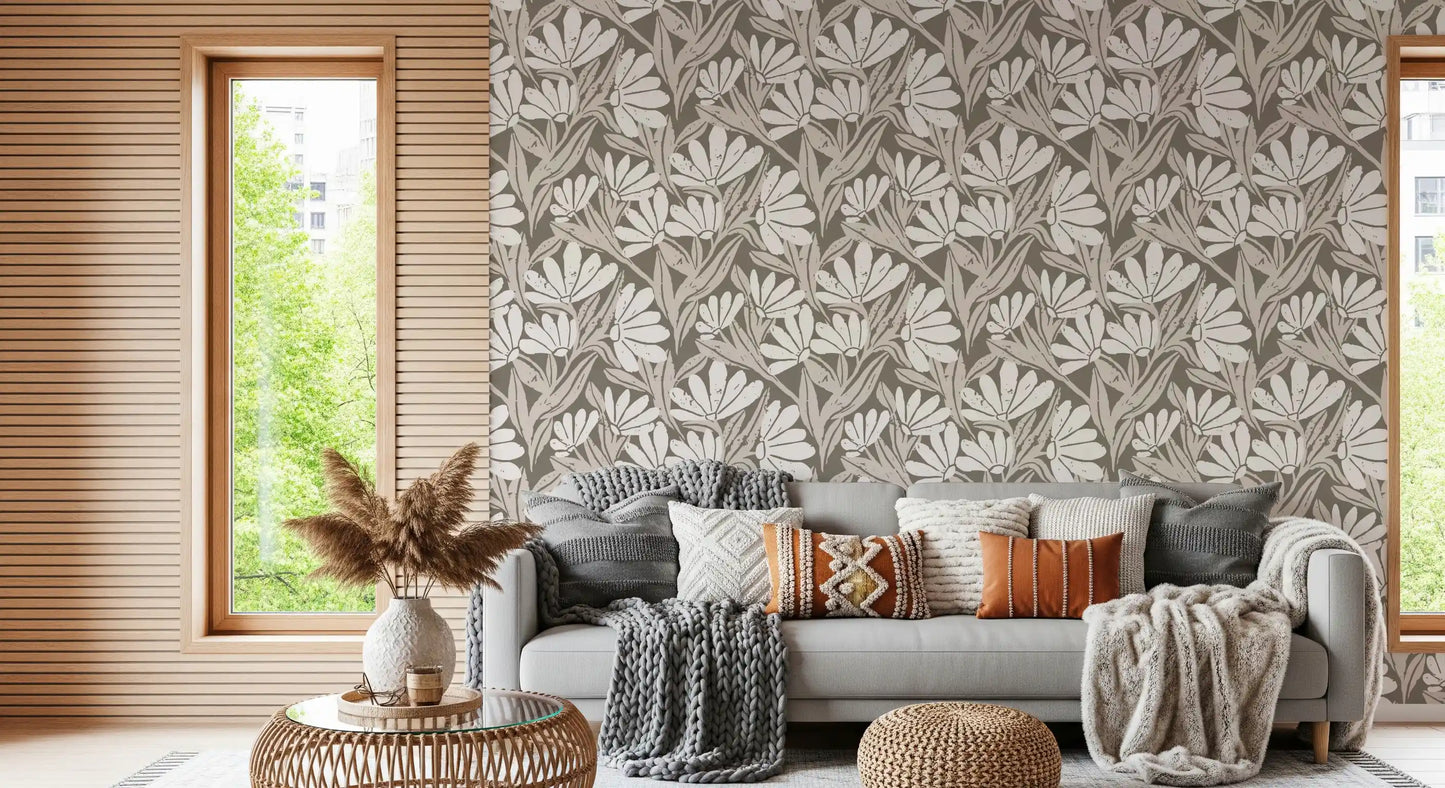 Rustic Cream and Taupe Flower Block Print Wallpaper⁠