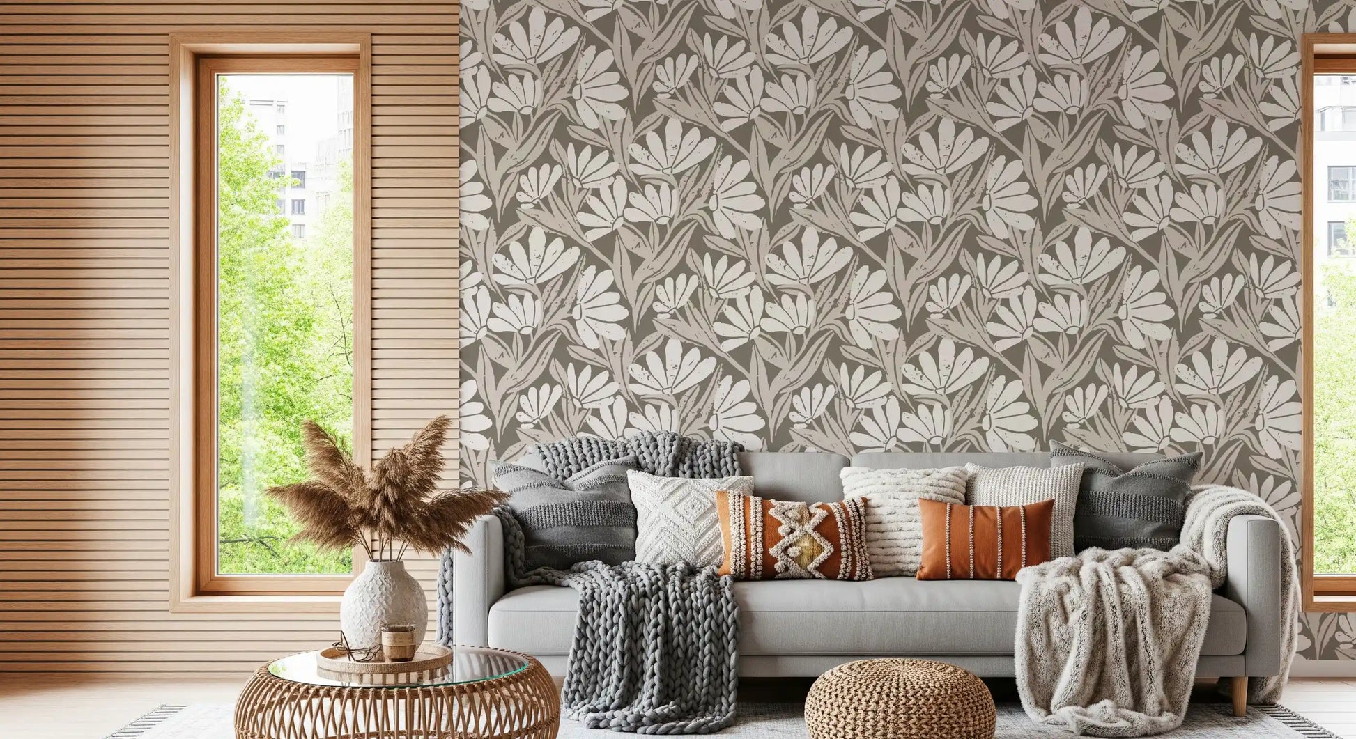 Rustic Cream and Taupe Flower Block Print Wallpaper⁠