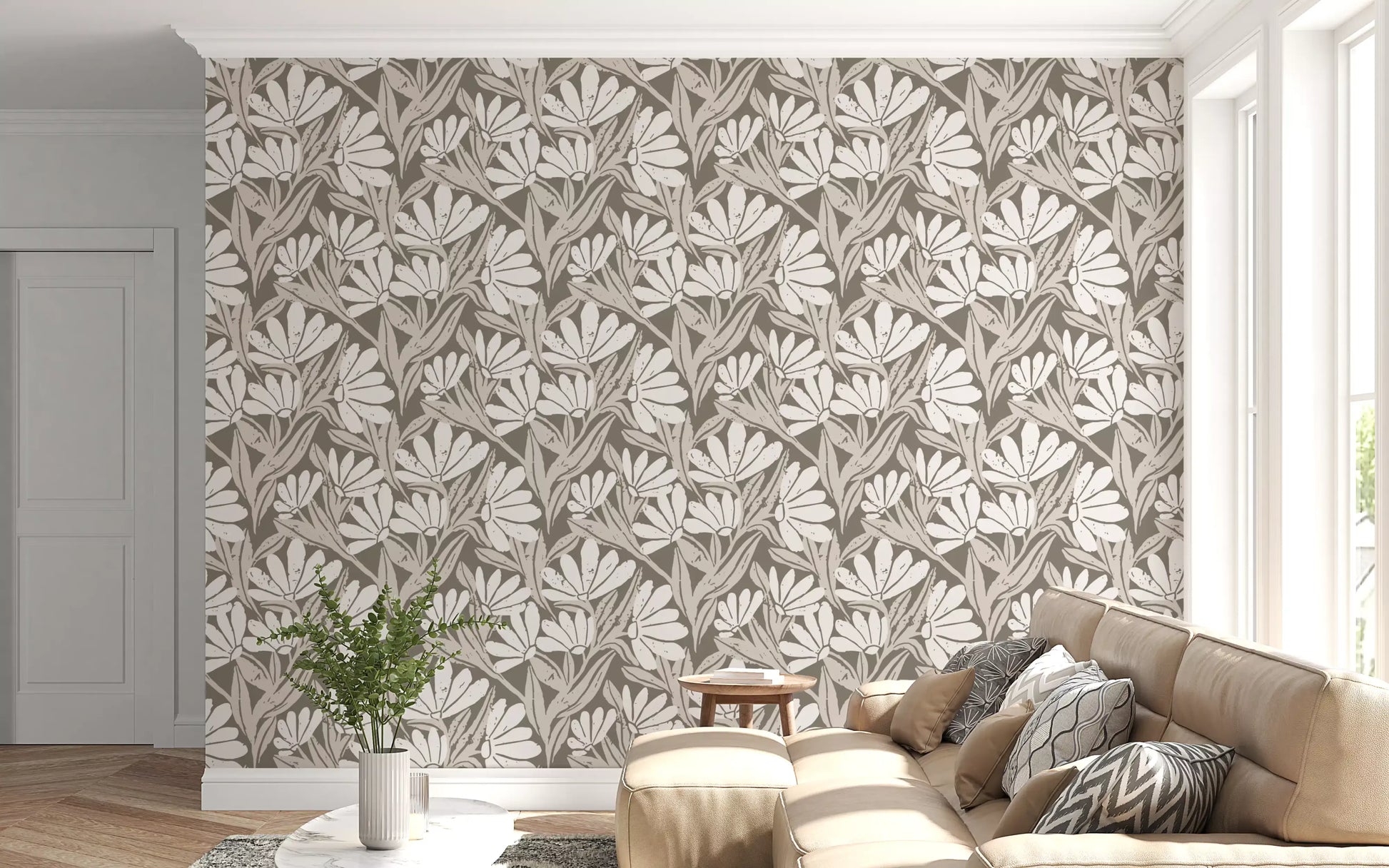 Rustic Cream and Taupe Flower Block Print Wallpaper⁠