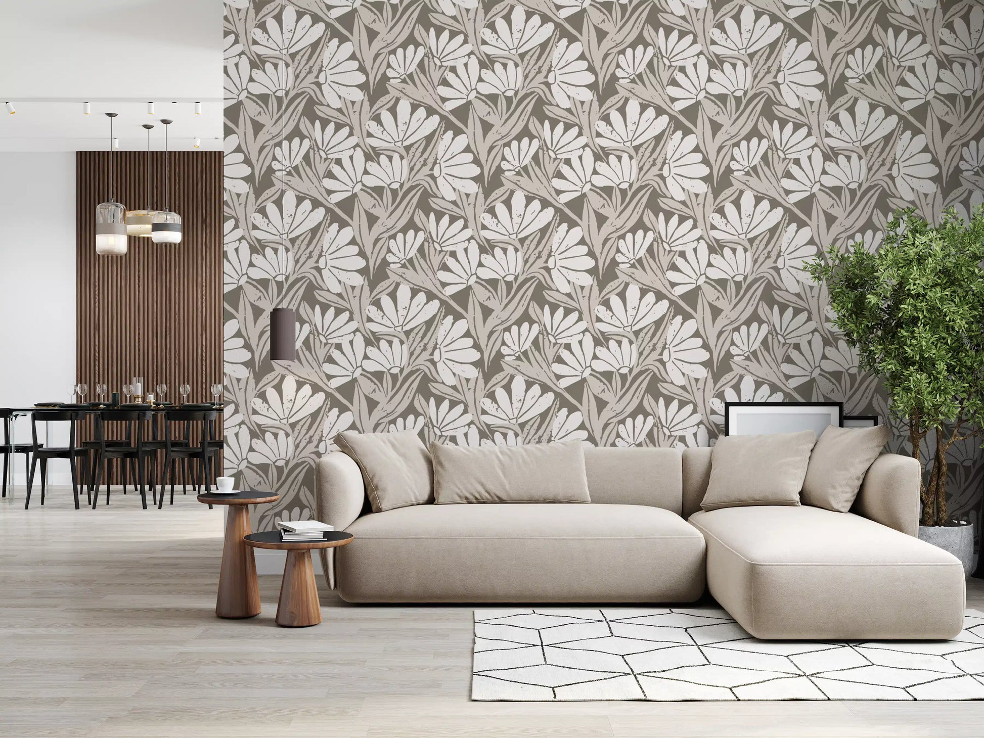 Rustic Cream and Taupe Flower Block Print Wallpaper⁠