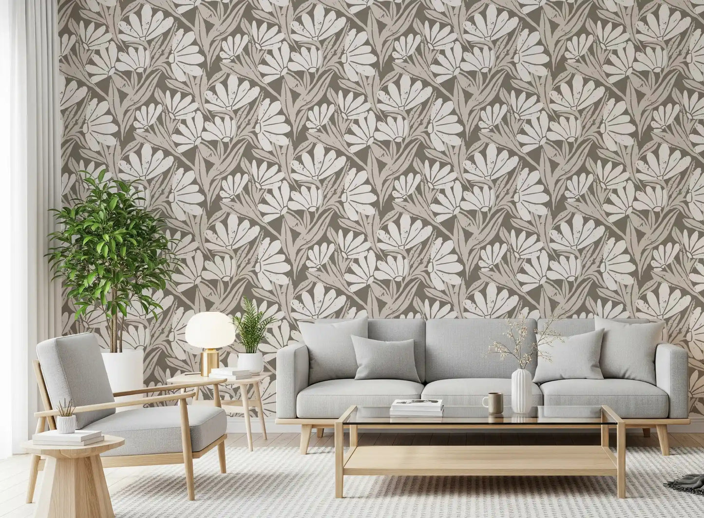 Rustic Cream and Taupe Flower Block Print Wallpaper⁠