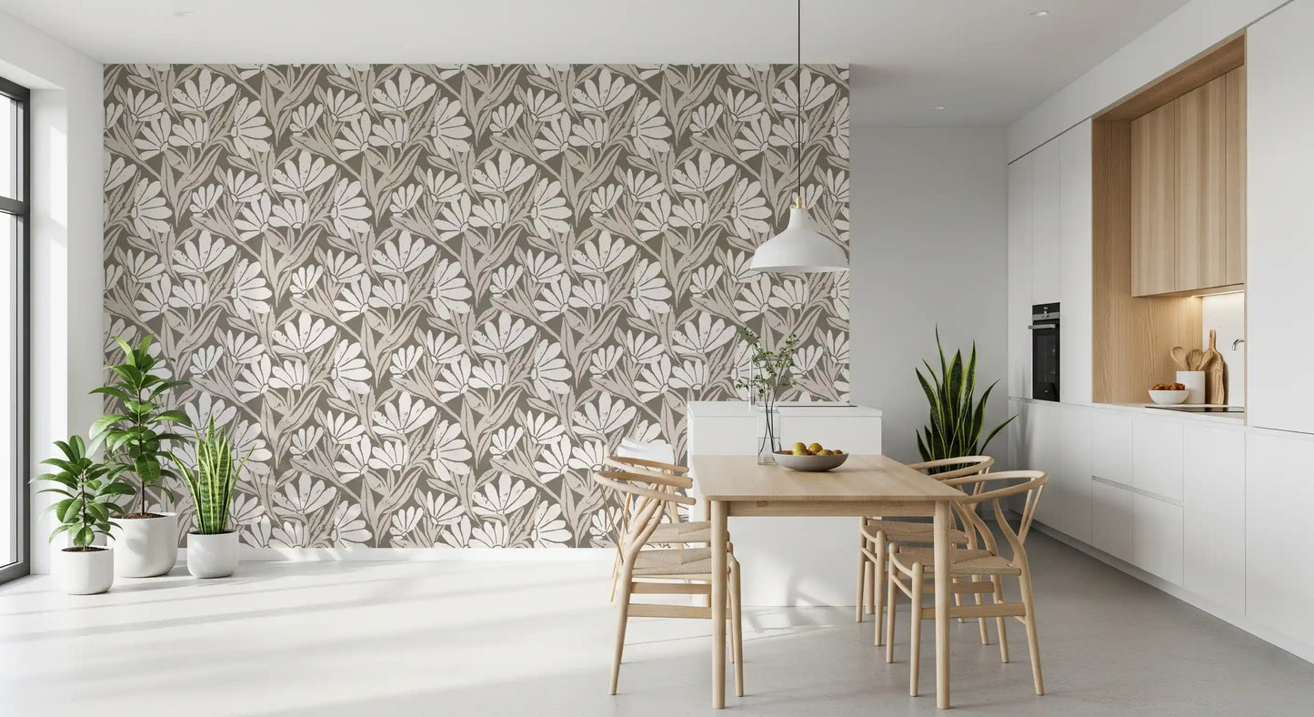 Rustic Cream and Taupe Flower Block Print Wallpaper⁠