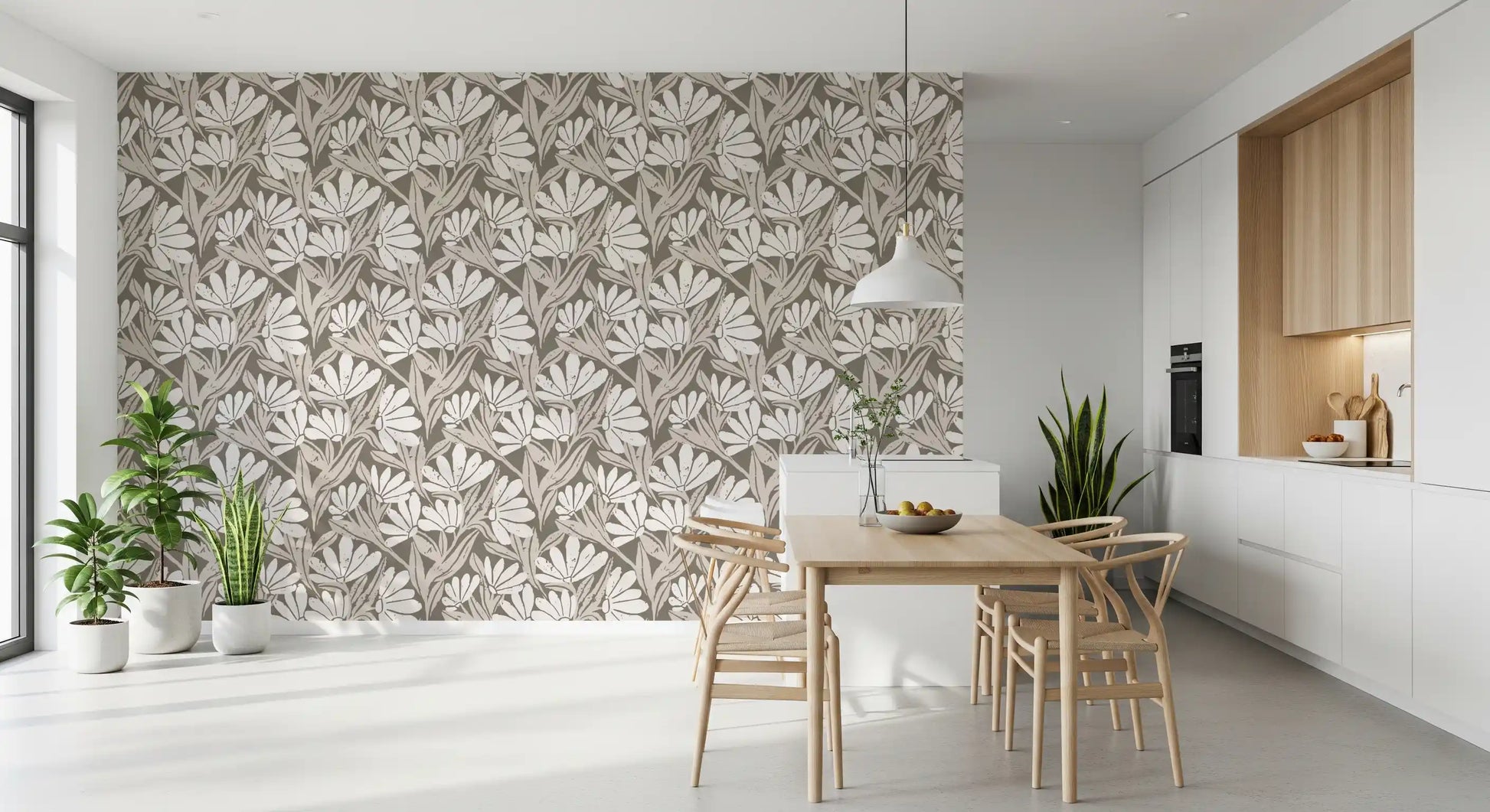 Rustic Cream and Taupe Flower Block Print Wallpaper⁠