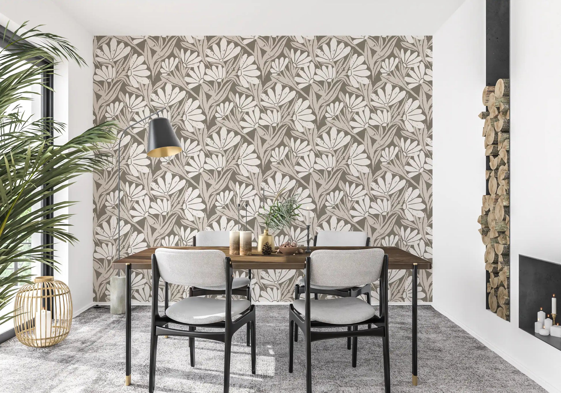 Rustic Cream and Taupe Flower Block Print Wallpaper⁠