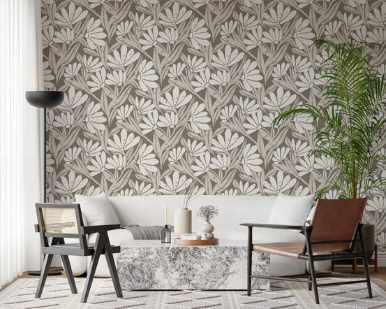 Taupe floral block print wallpaper in a living room with leather chairs GD11944