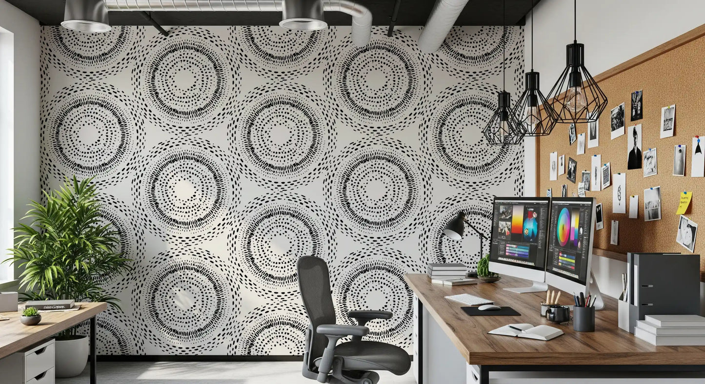 Black and Cream Dotted Mandala Radiance Wallpaper⁠