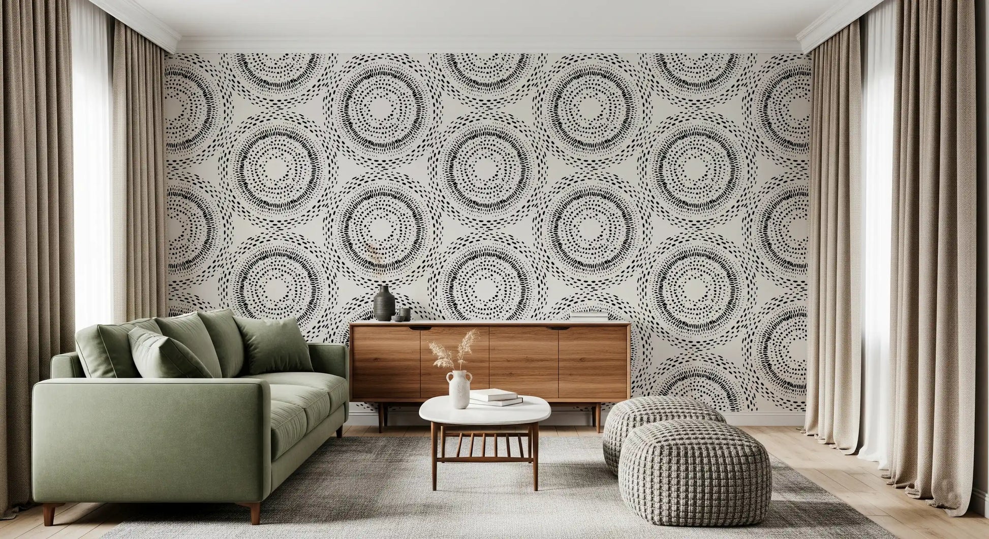 Black and Cream Dotted Mandala Radiance Wallpaper⁠