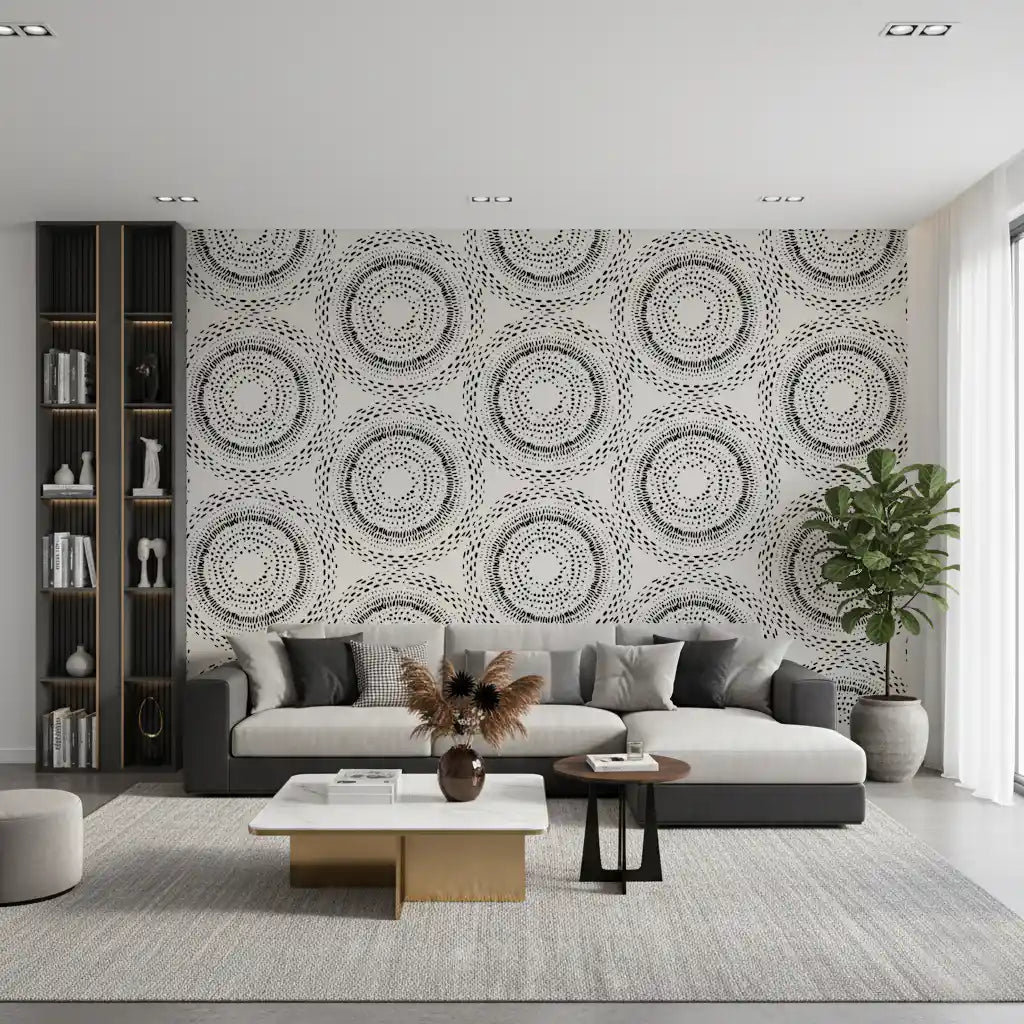 Black and Cream Dotted Mandala Radiance Wallpaper⁠