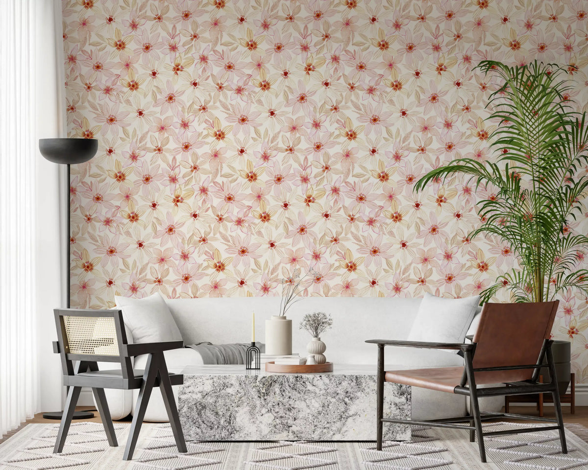 Watercolor floral wallpaper in a bright living room GD11947