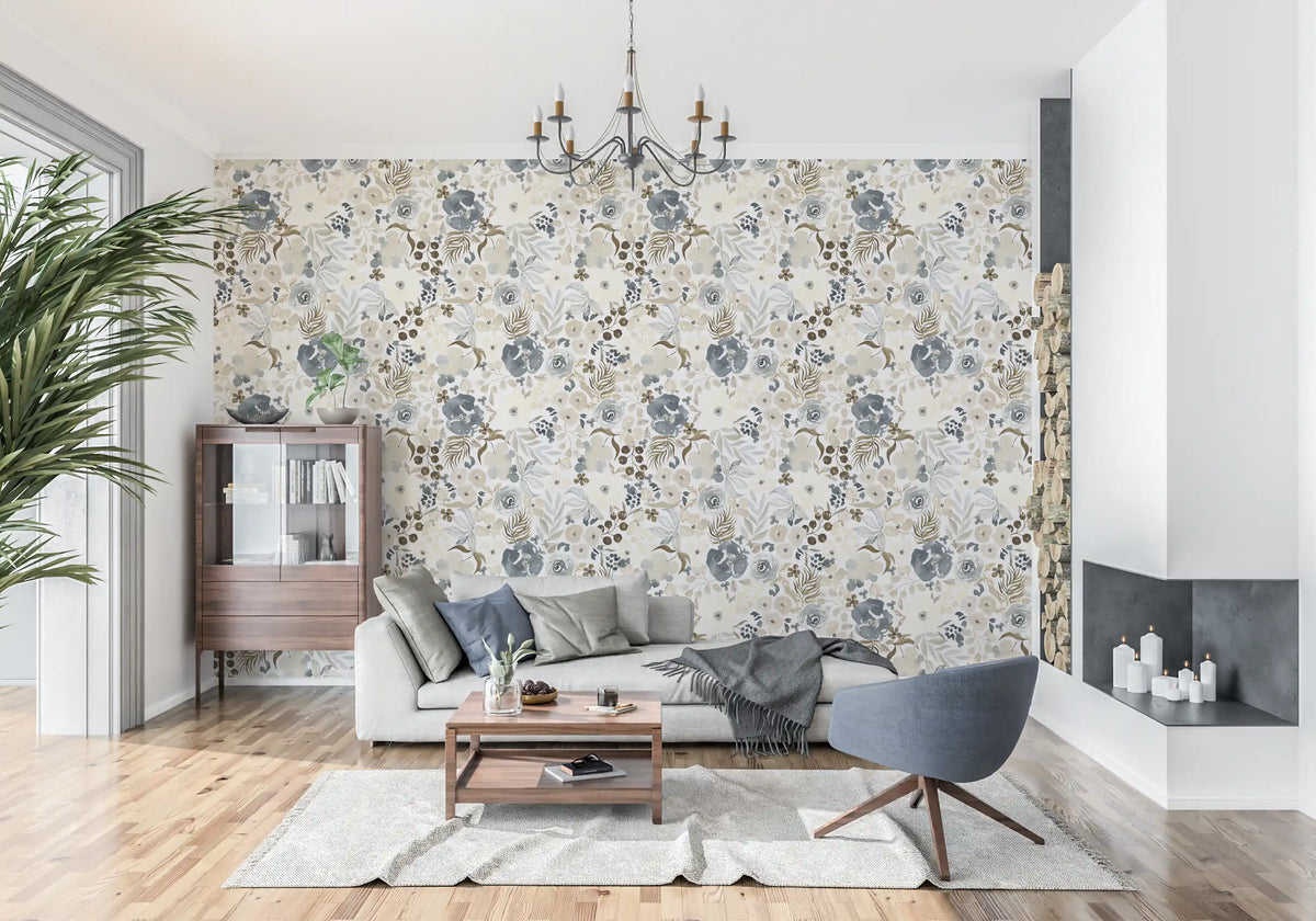 Neutral watercolor floral wallpaper in a living room GD11948