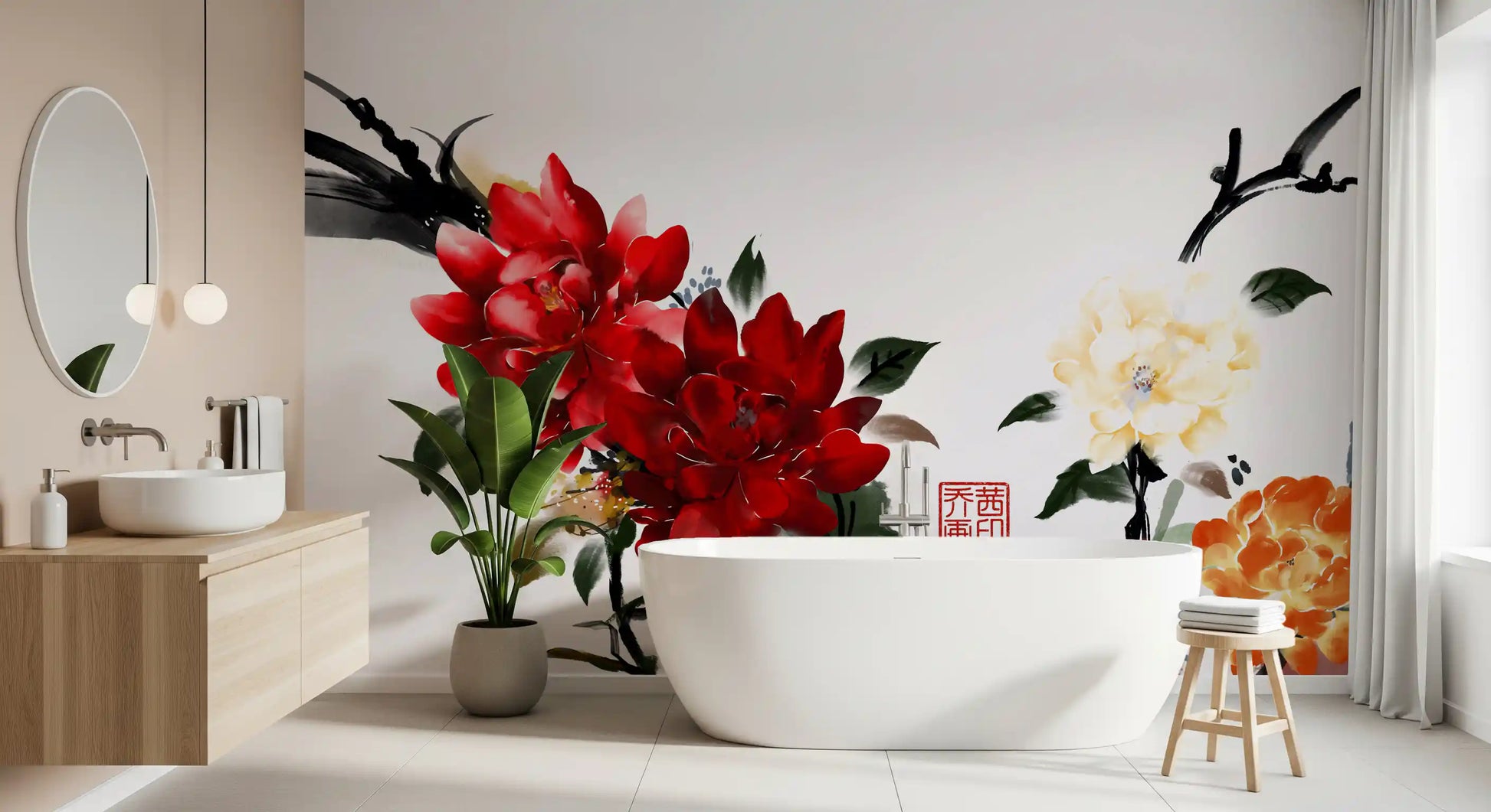 Zen Garden Peony Brushwork Mural Wall Mural