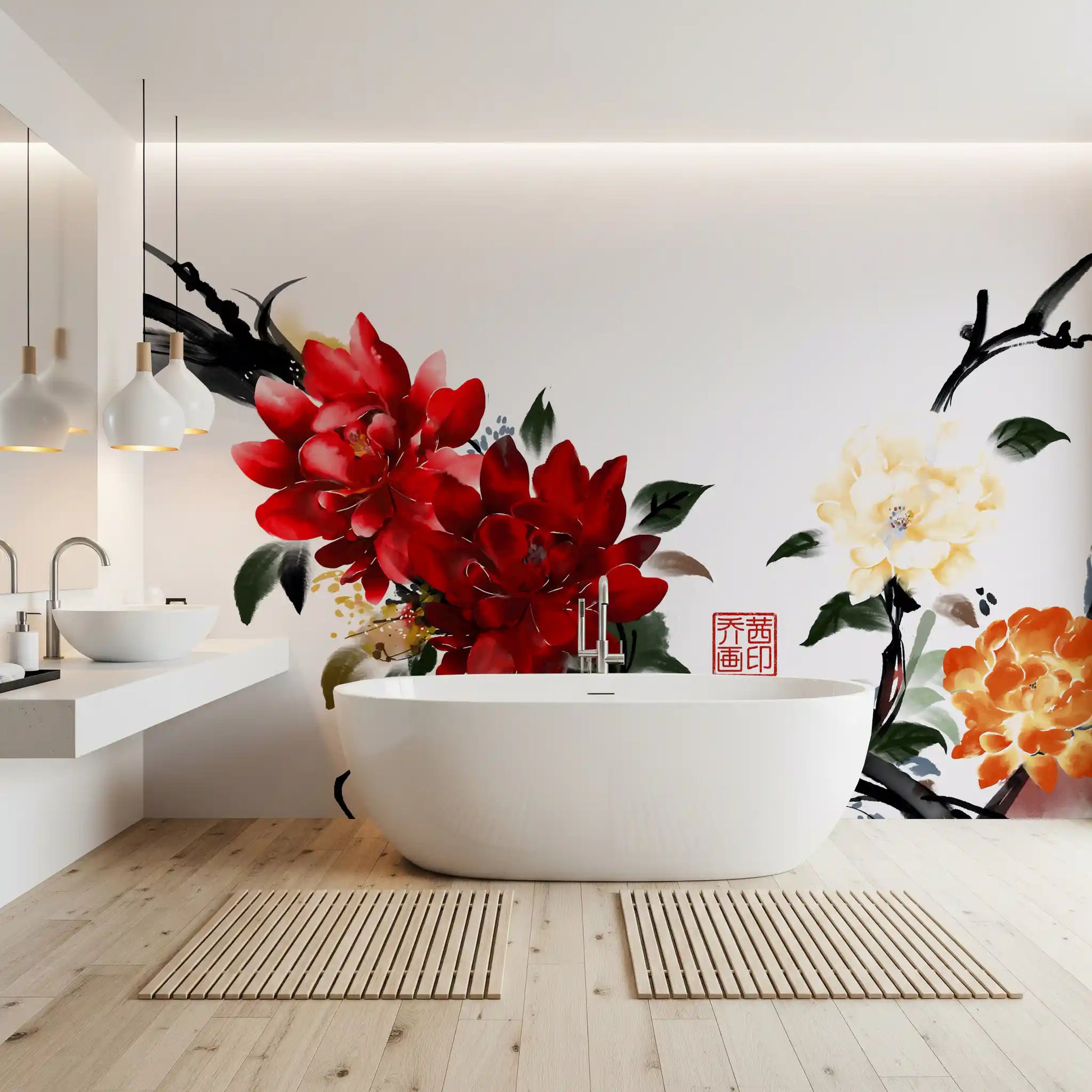 Zen Garden Peony Brushwork Mural Wall Mural