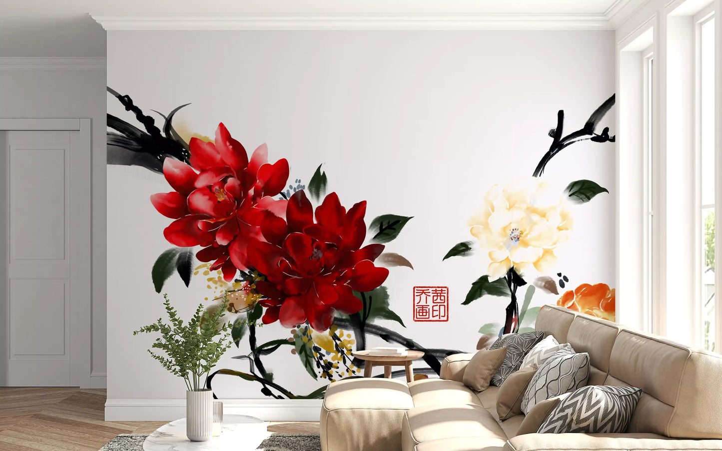 Zen Garden Peony Brushwork Mural Wall Mural