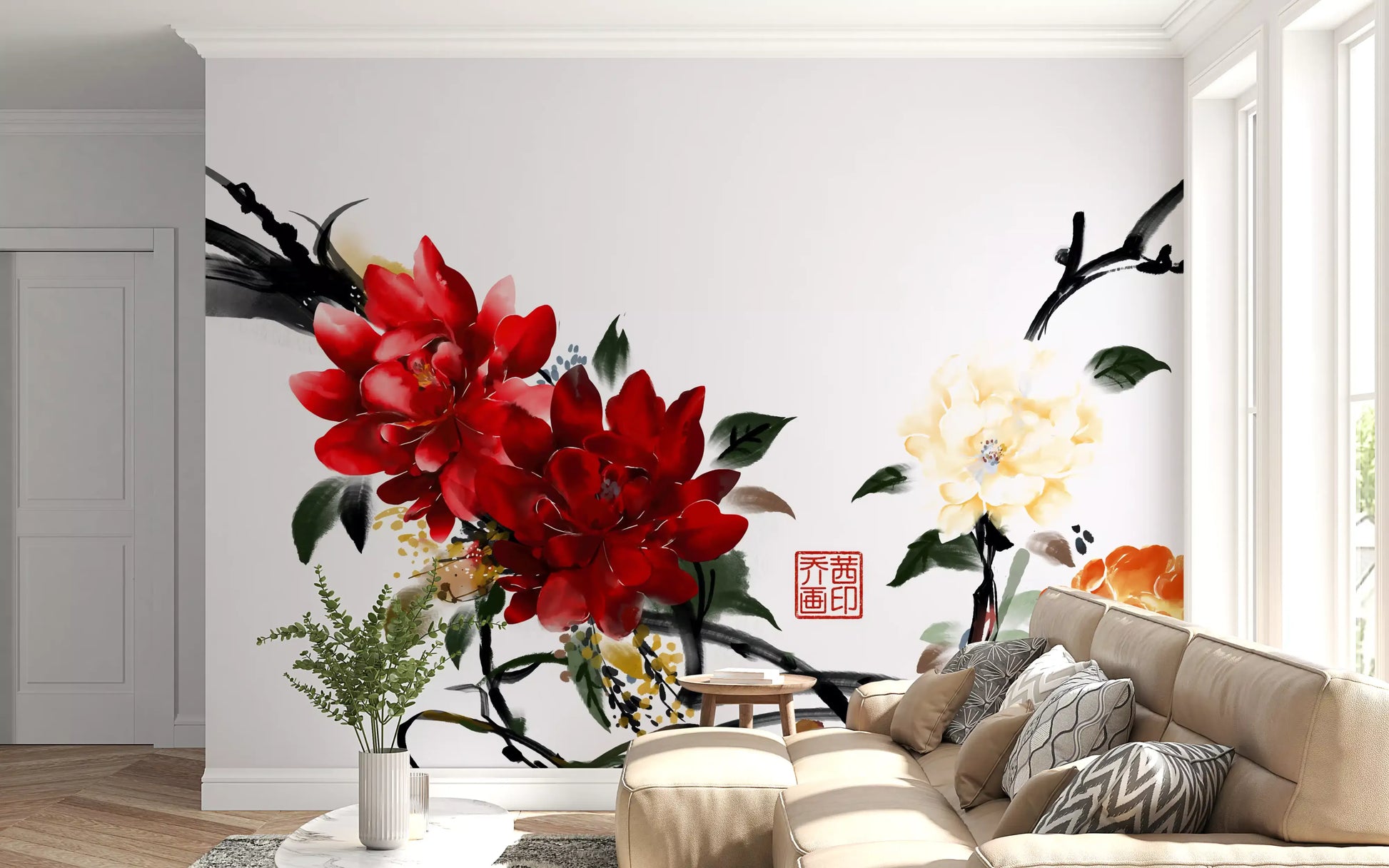 Zen Garden Peony Brushwork Mural Wall Mural