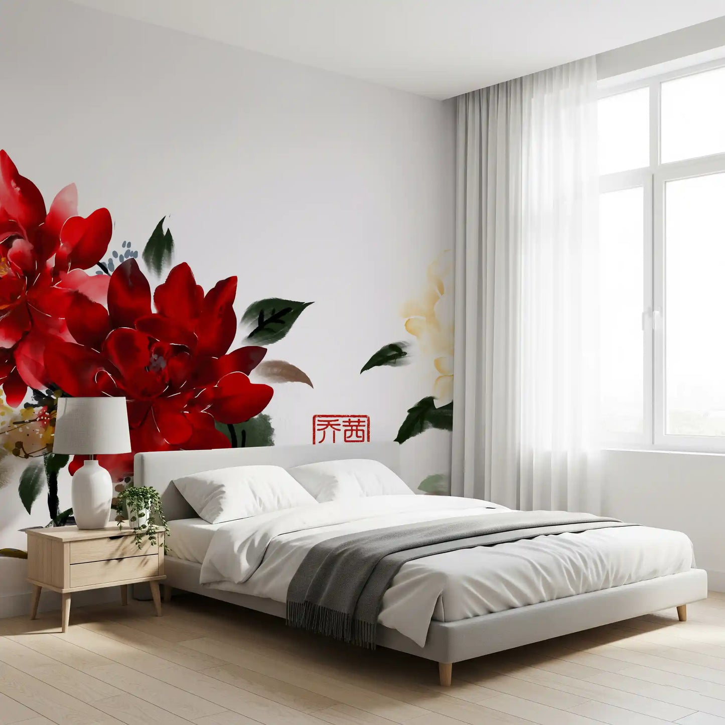Zen Garden Peony Brushwork Mural Wall Mural