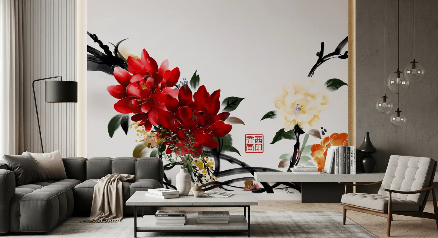 Zen Garden Peony Brushwork Mural Wall Mural