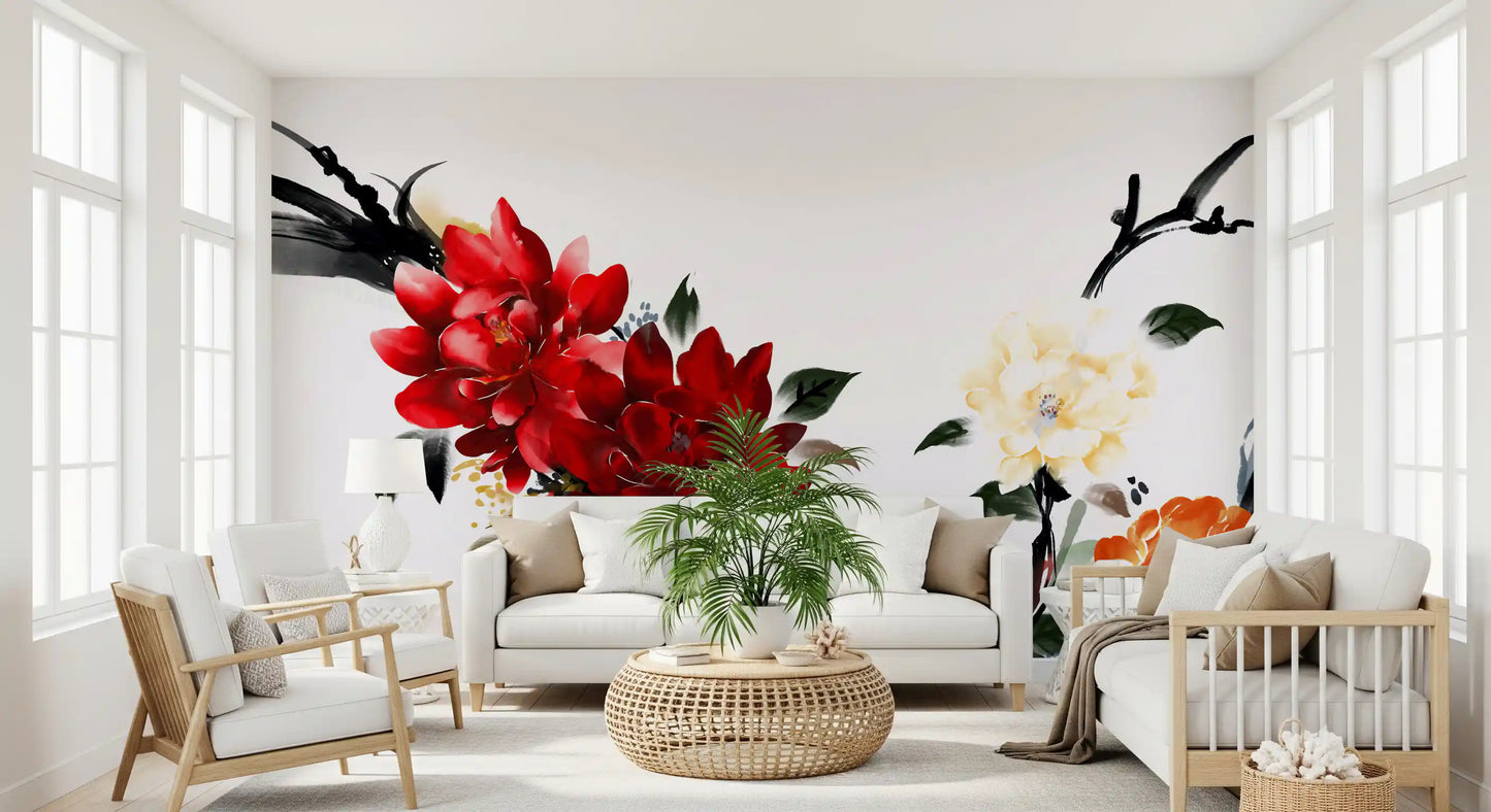 Zen Garden Peony Brushwork Mural Wall Mural