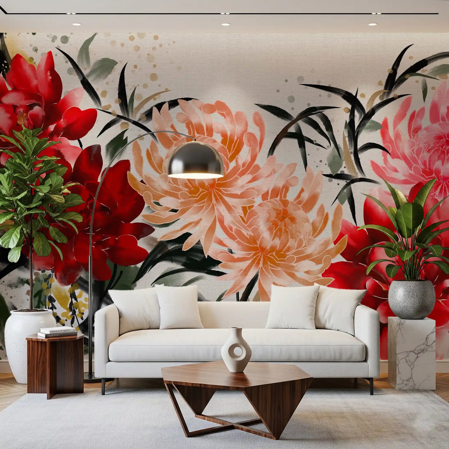 Crimson and Peach Floral Ink Wash Wall Mural