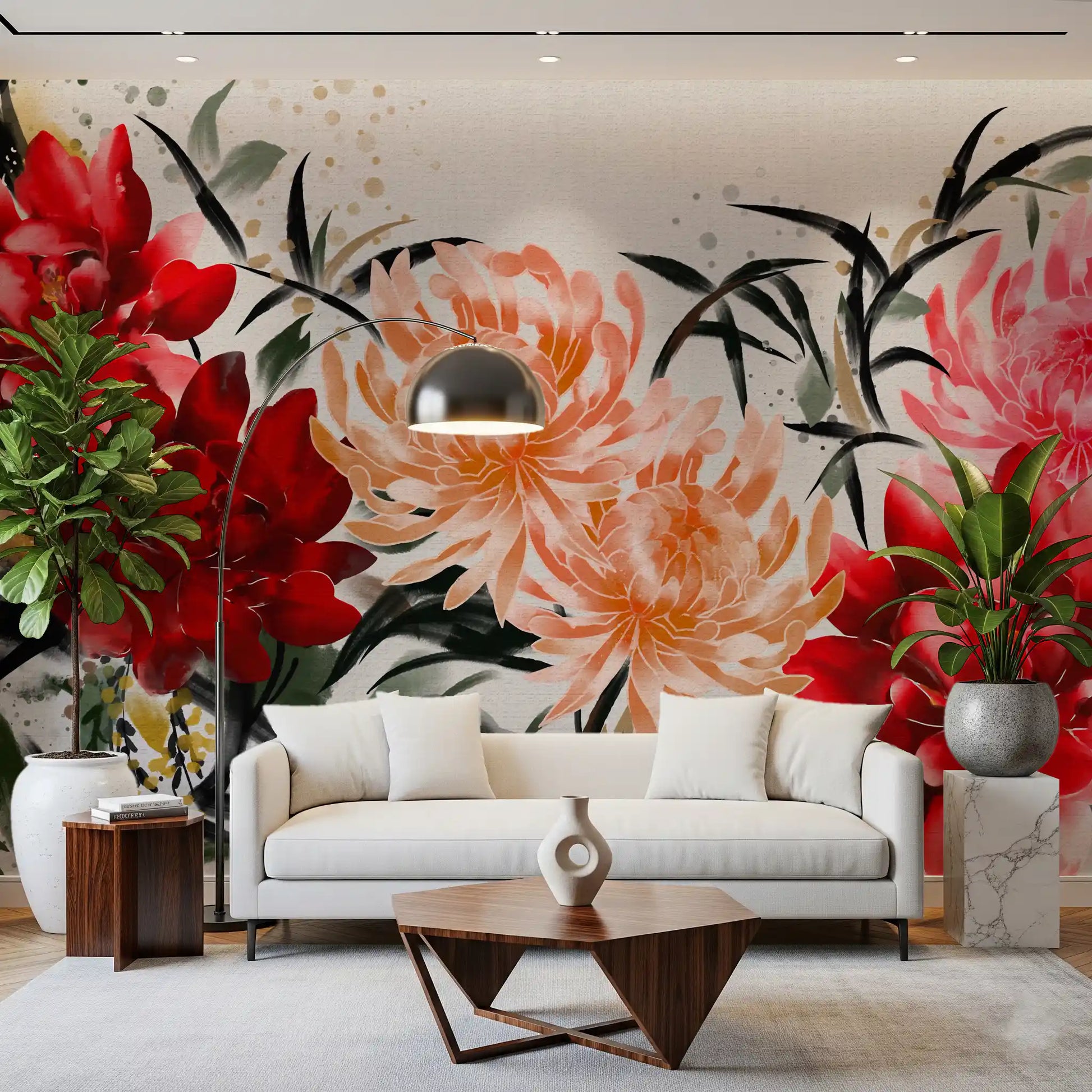 Crimson and Peach Floral Ink Wash Wall Mural