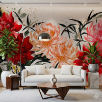 Crimson and Peach Floral Ink Wash Wall Mural
