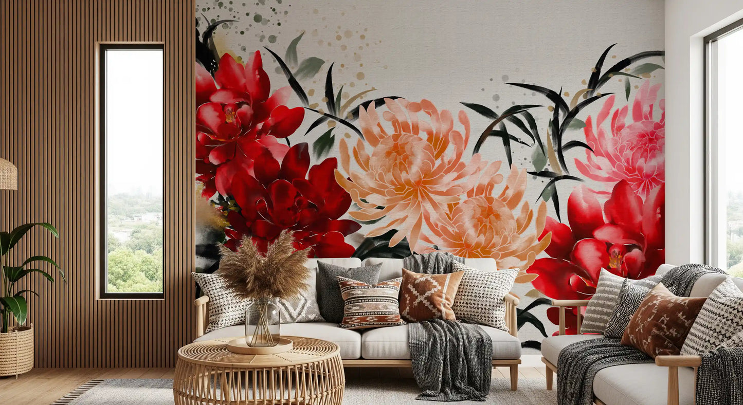 Crimson and Peach Floral Ink Wash Wall Mural