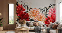 Crimson and Peach Floral Ink Wash Wall Mural