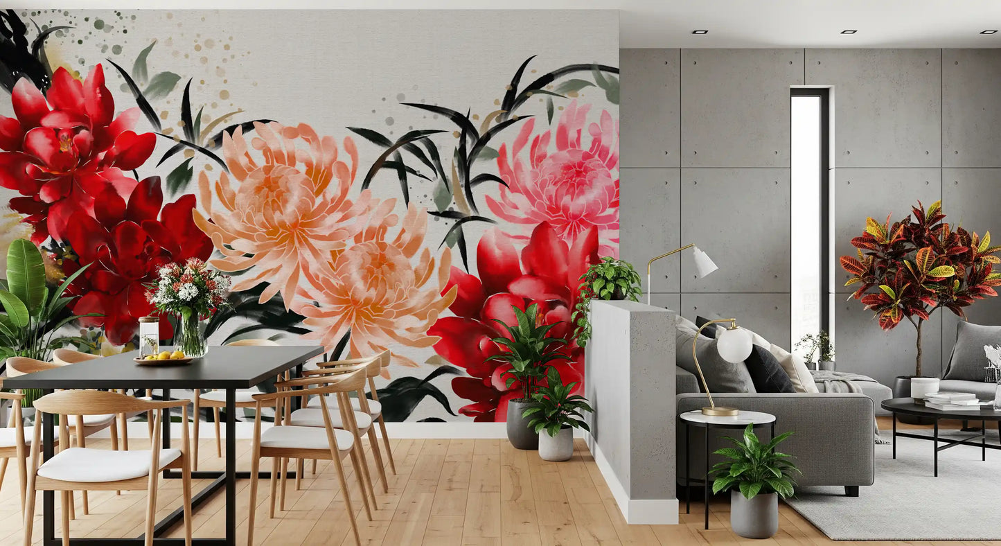 Crimson and Peach Floral Ink Wash Wall Mural