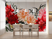 Crimson and Peach Floral Ink Wash Wall Mural