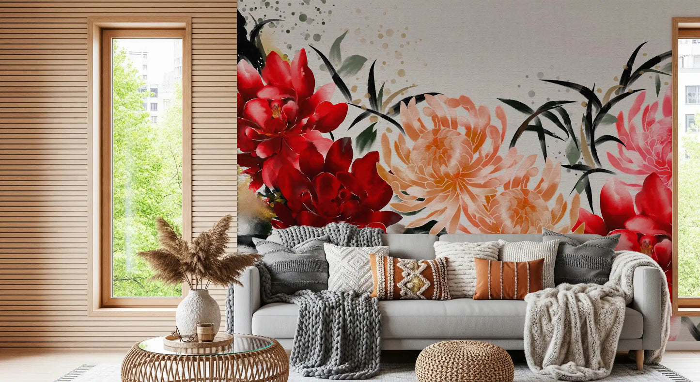 Crimson and Peach Floral Ink Wash Wall Mural