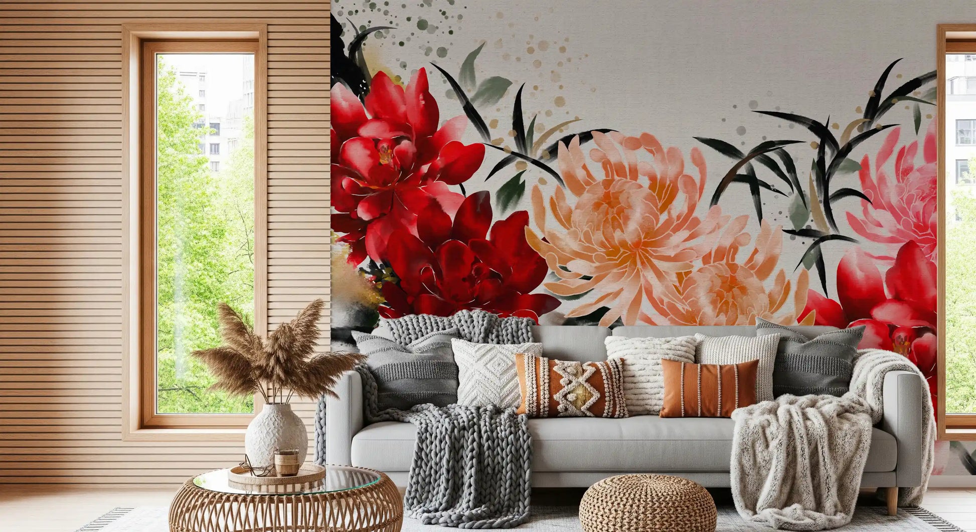 Crimson and Peach Floral Ink Wash Wall Mural