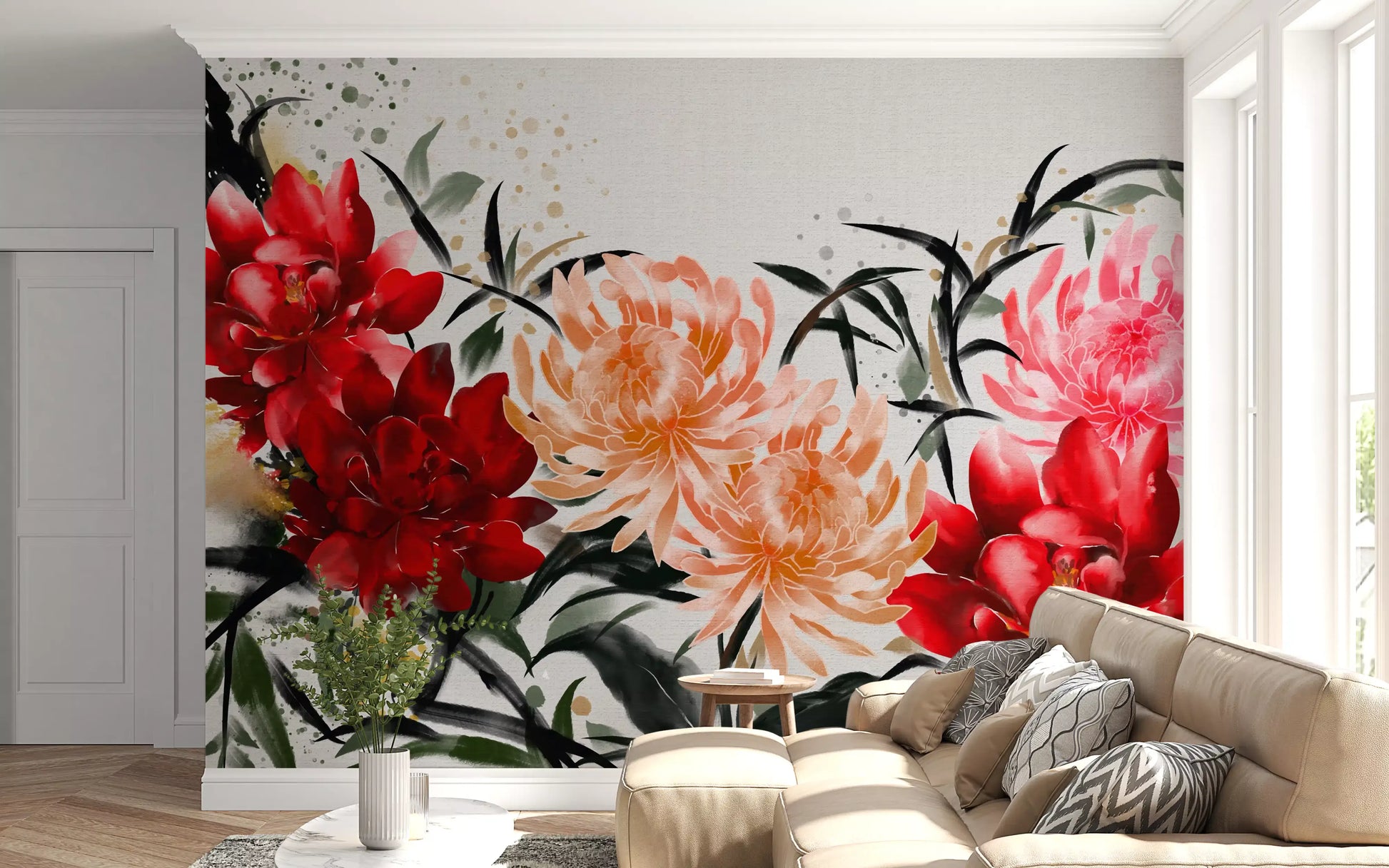 Crimson and Peach Floral Ink Wash Wall Mural