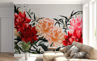 Crimson and Peach Floral Ink Wash Wall Mural