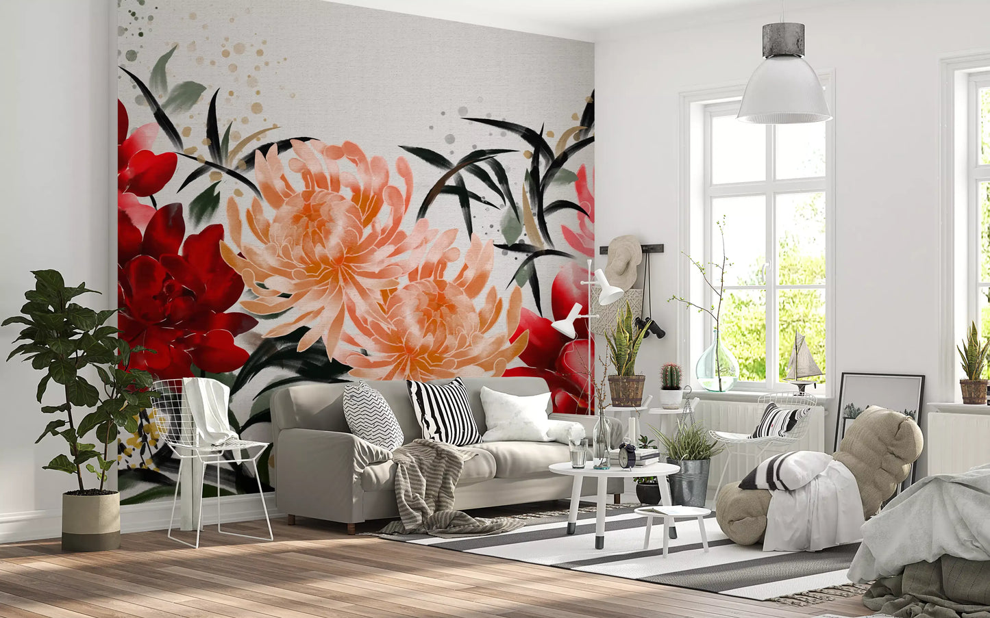 Crimson and Peach Floral Ink Wash Wall Mural