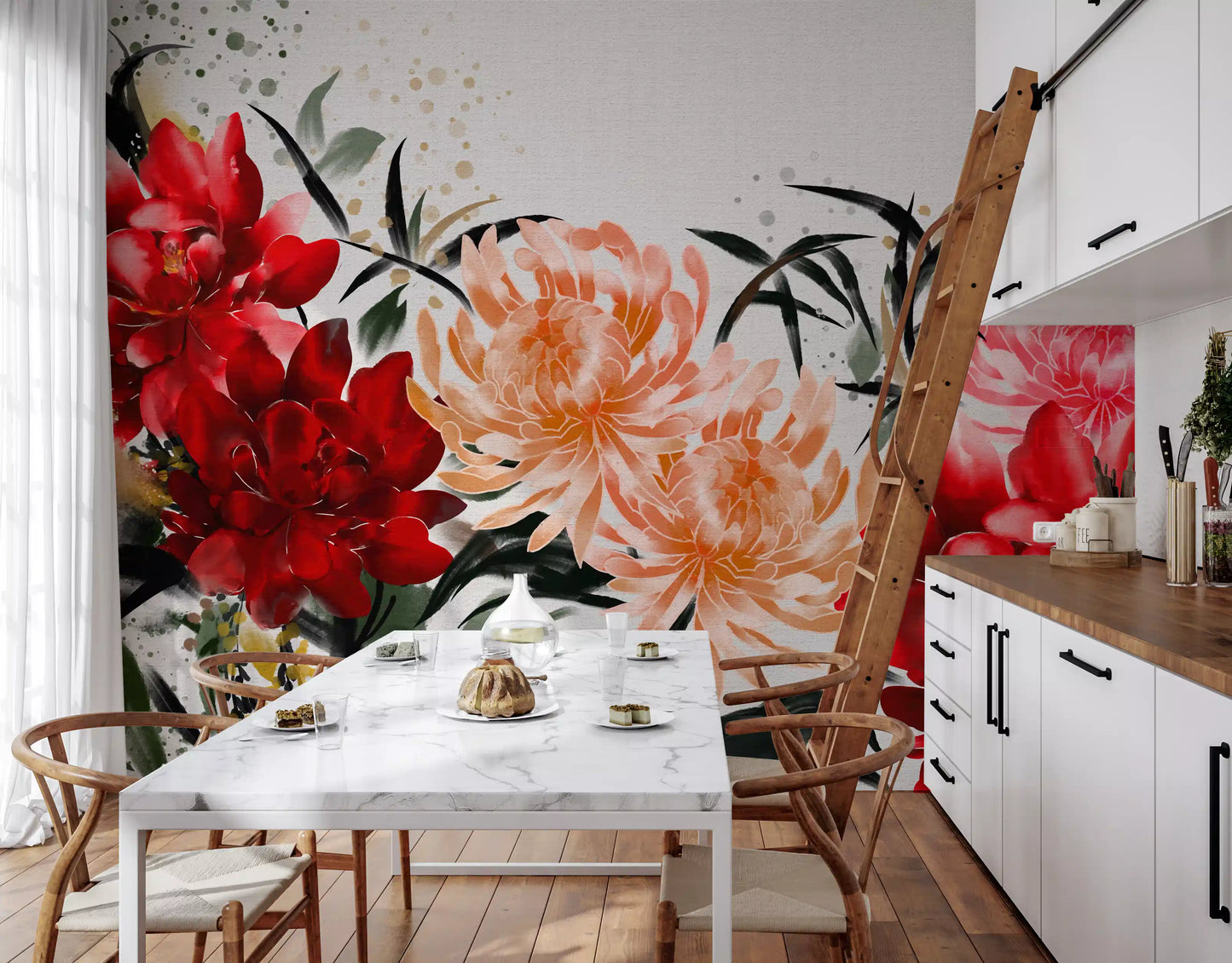Crimson and Peach Floral Ink Wash Wall Mural