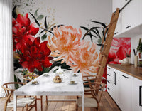 Crimson and Peach Floral Ink Wash Wall Mural