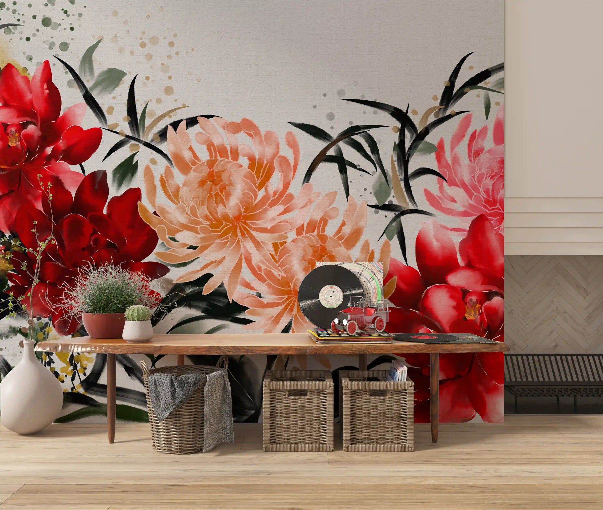 Crimson and Peach Floral Ink Wash Wall Mural