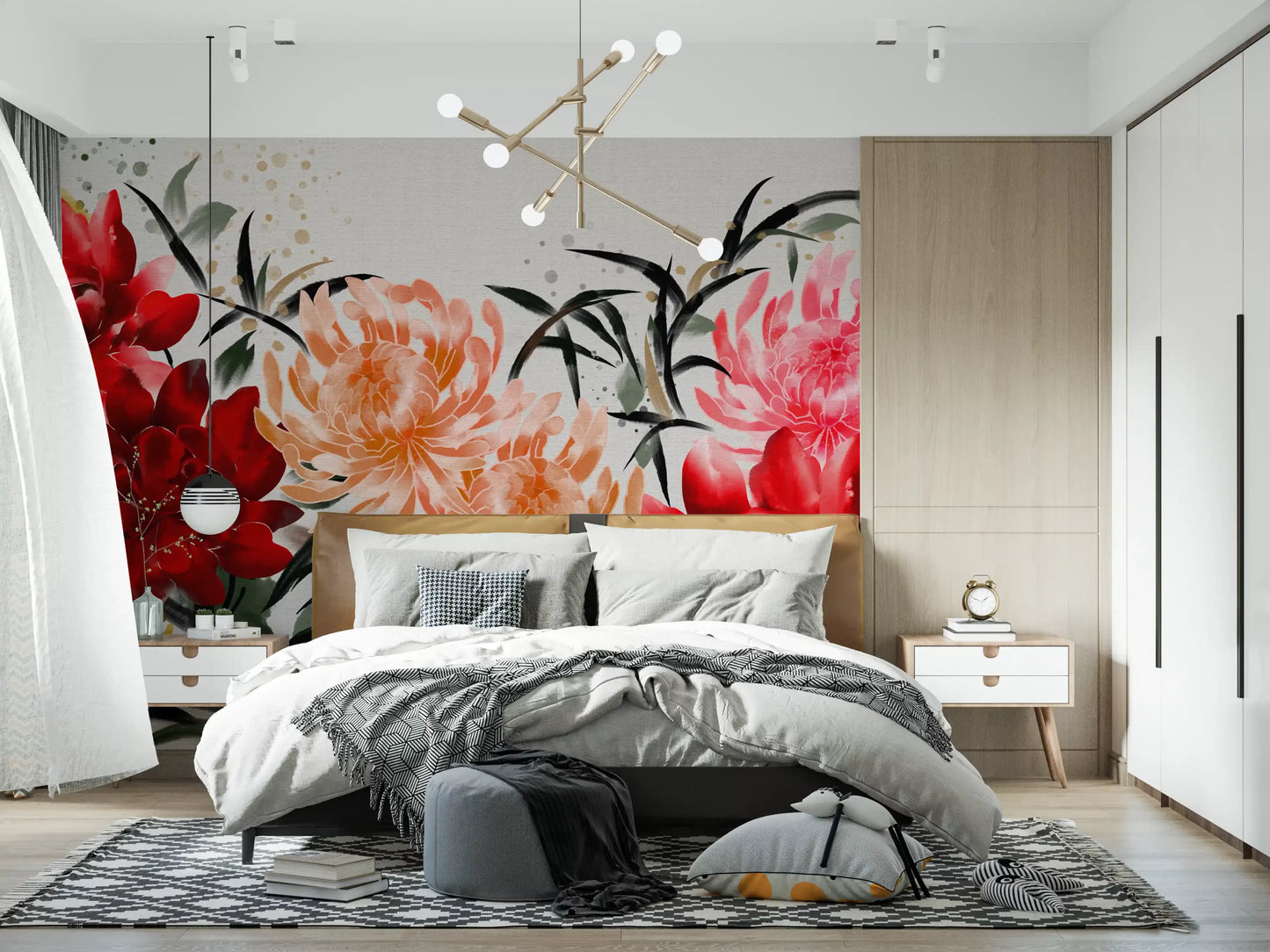 Crimson and Peach Floral Ink Wash Wall Mural